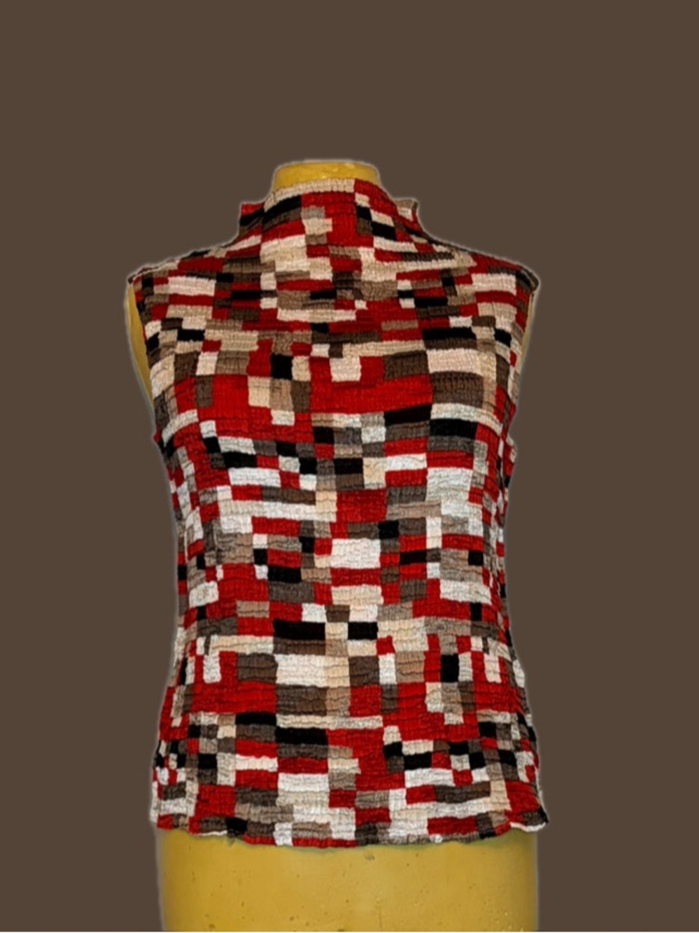 🧮🥥Vintage Geometric Crinkle Mock Neck Sleeveless Top🥥🧮